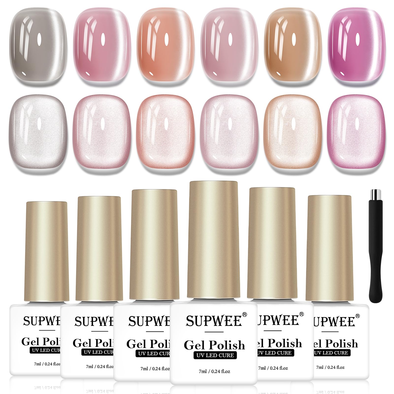 Vue rapprochée du vernis SUPWEE œil de chat Pink Moonlight, finition brillante et magnétique.