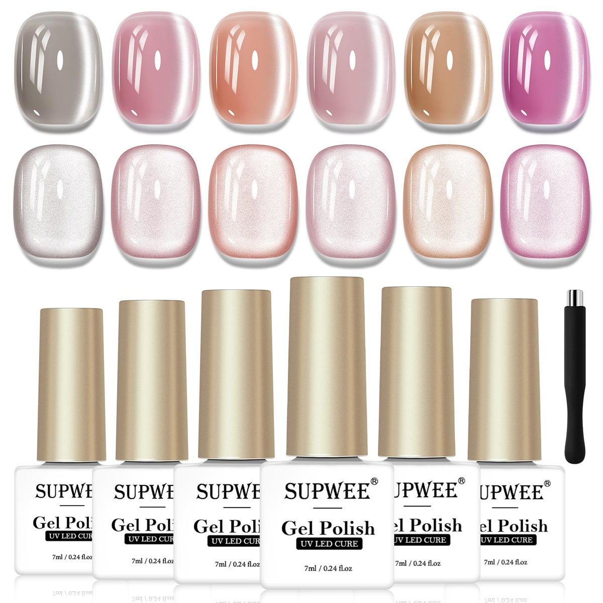 Vue rapprochée du vernis SUPWEE œil de chat Pink Moonlight, finition brillante et magnétique.