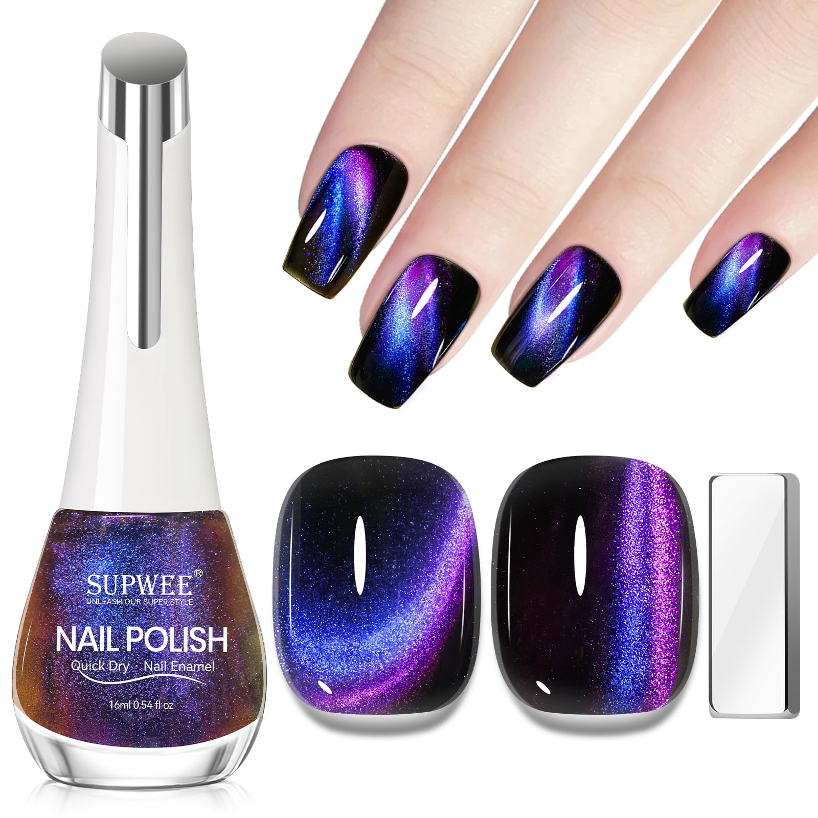 SUPWEE vernis magnétique 9D, bouteille bleu-violet, présente l'effet œil-de-chat spectaculaire.