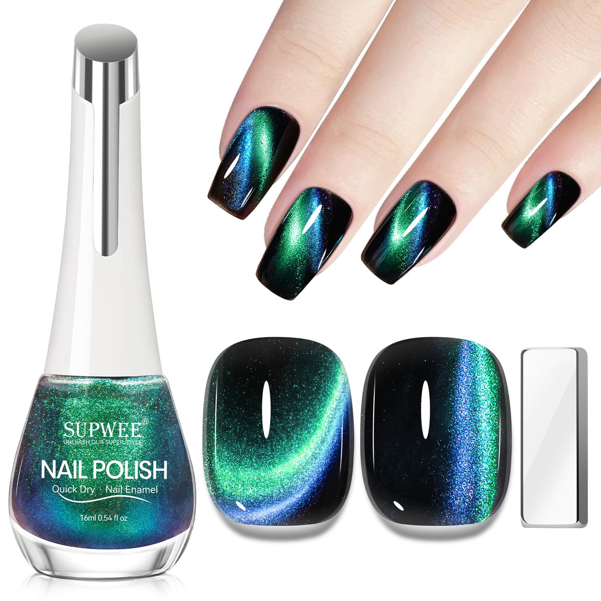 SUPWEE vernis œil-de-chat 9D vert-bleu, effet captivant et coloré.