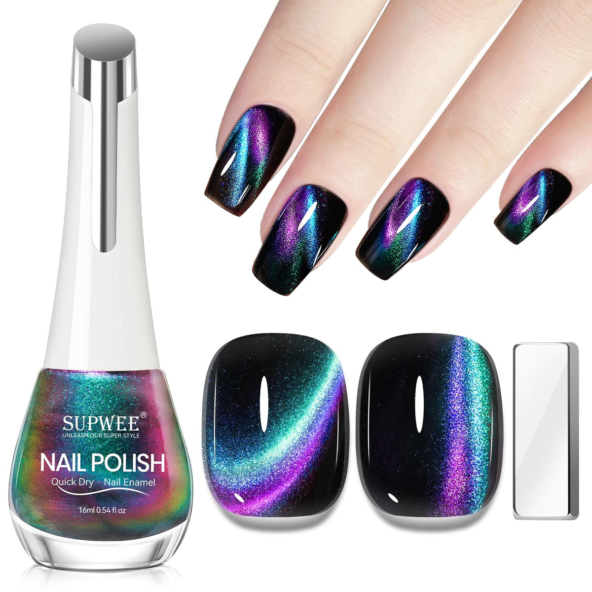 Vernis SUPWEE œil-de-chat en bouteille 16 ml prêt pour une manucure chic.