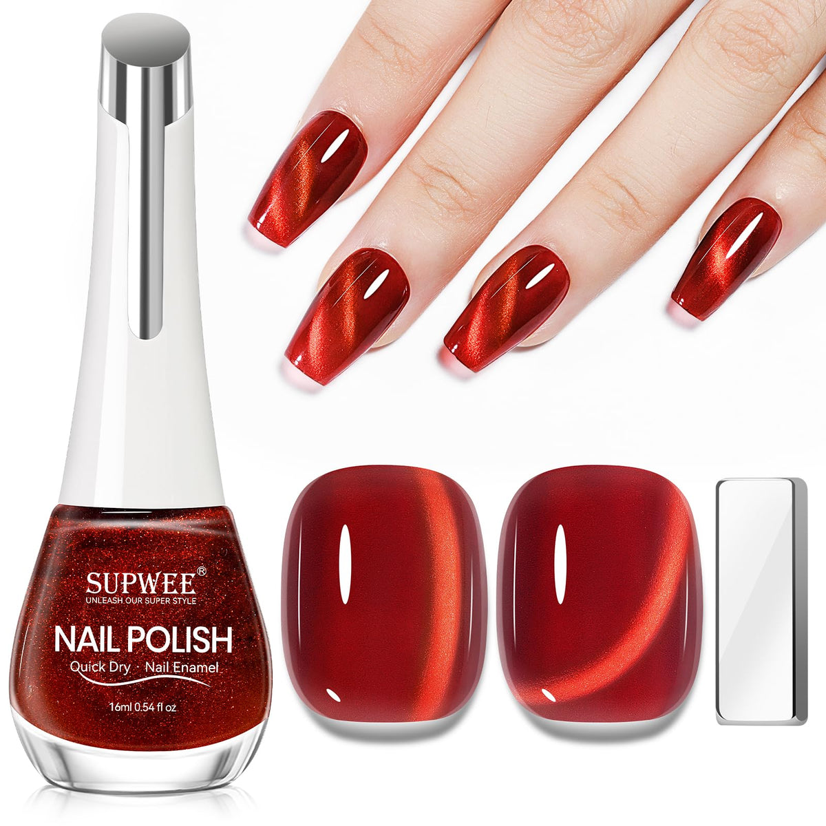 SUPWEE vernis œil de chat rouge 16 ml, fini élégant après application.