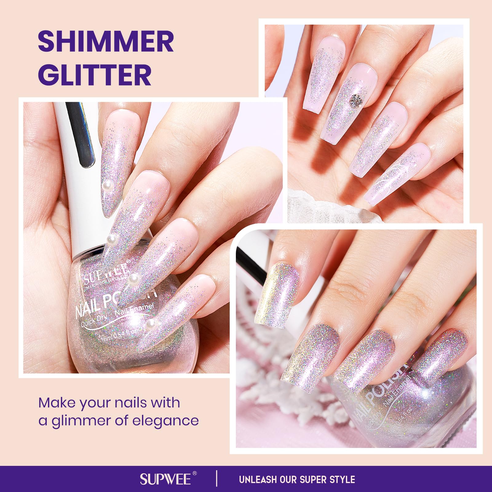 SUPWEE Vernis ongles bleu-violet aurora, reflets scintillants.