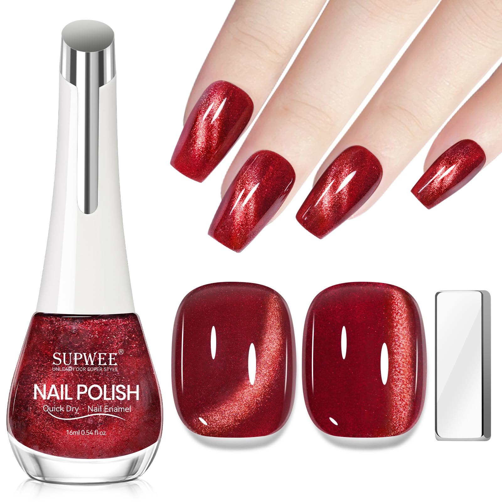 Vernis SUPWEE Effet Yeux-de-Chat Bourgogne pour un look glamour durable.