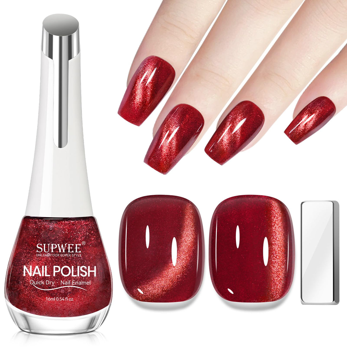 Vernis SUPWEE Effet Yeux-de-Chat Bourgogne pour un look glamour durable.