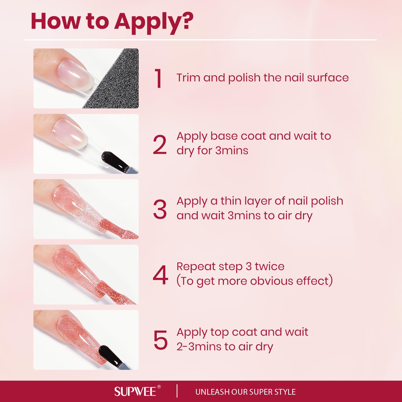 Vernis SUPWEE pailleté: application fluide grâce au pinceau pour deux couches parfaitement lisses.