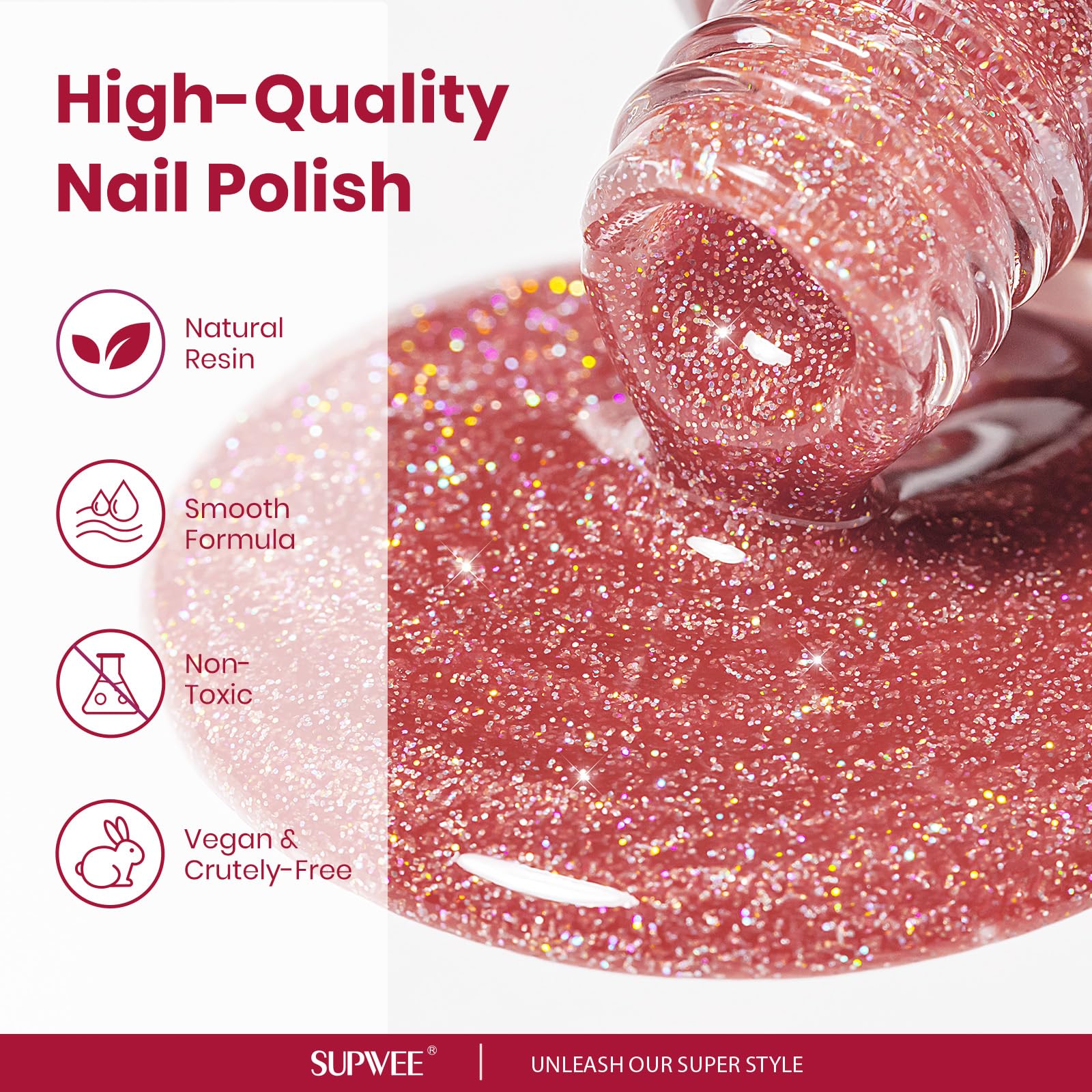 Vernis SUPWEE pailleté: brillance haute sur ongles pour une touche audacieuse.