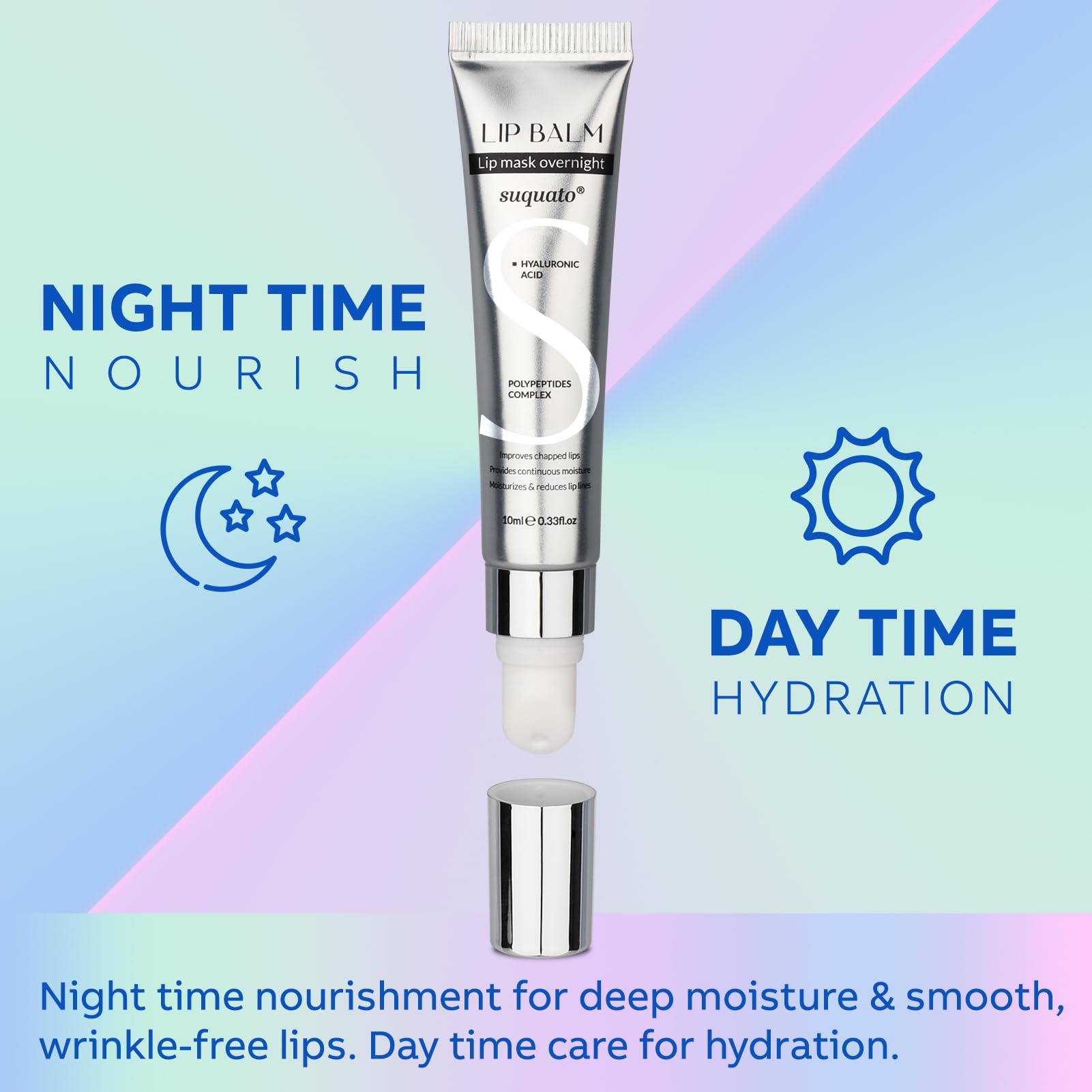 Suquato: acide hyaluronique et peptides pour une hydratation durable.