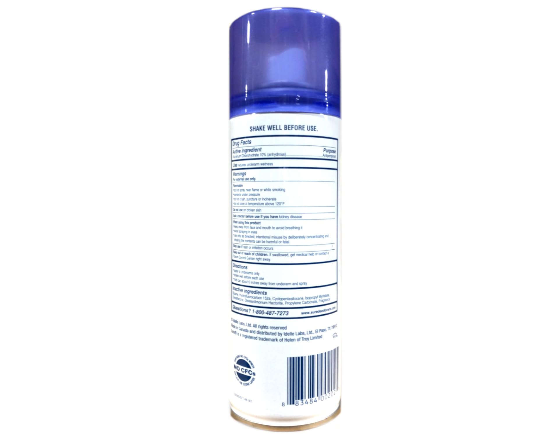 Sure AP Spray Déodorant, vue arrière, étiquette claire pour utilisation facile.