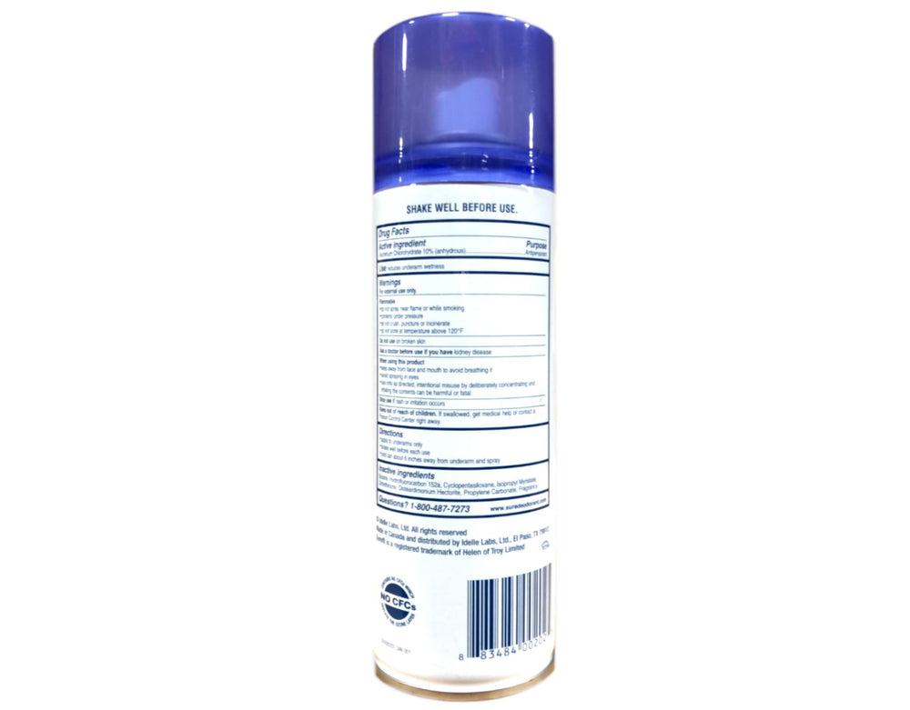 Sure AP Spray Déodorant, vue arrière, étiquette claire pour utilisation facile.