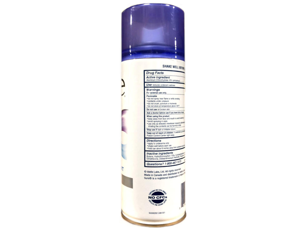 Sure AP Spray Déodorant, pulvérisation douce, fini sec et parfum neutre.