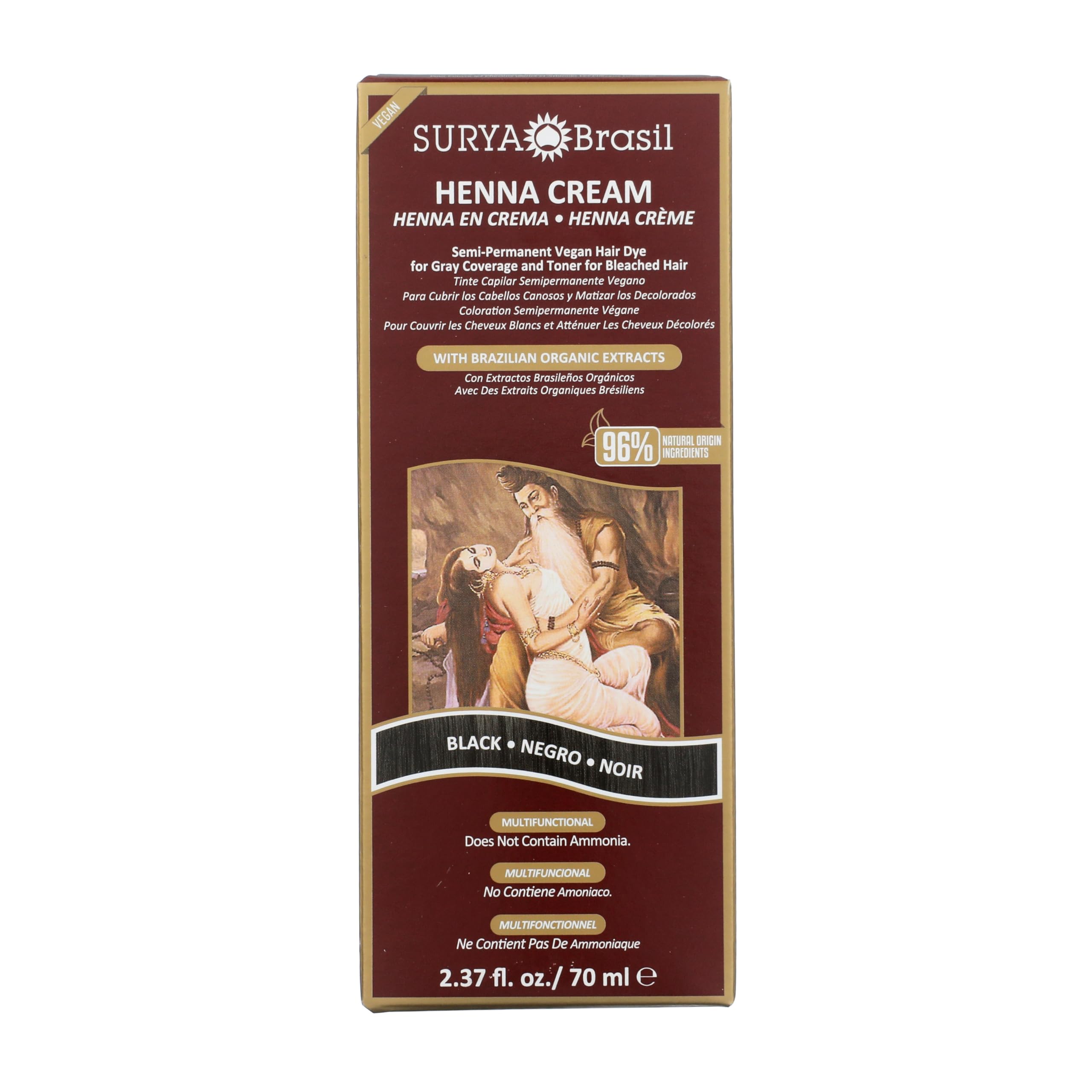 Surya Brasil Henna Cream Black, flacon prêt à l’emploi, couleur naturelle et hydratation.