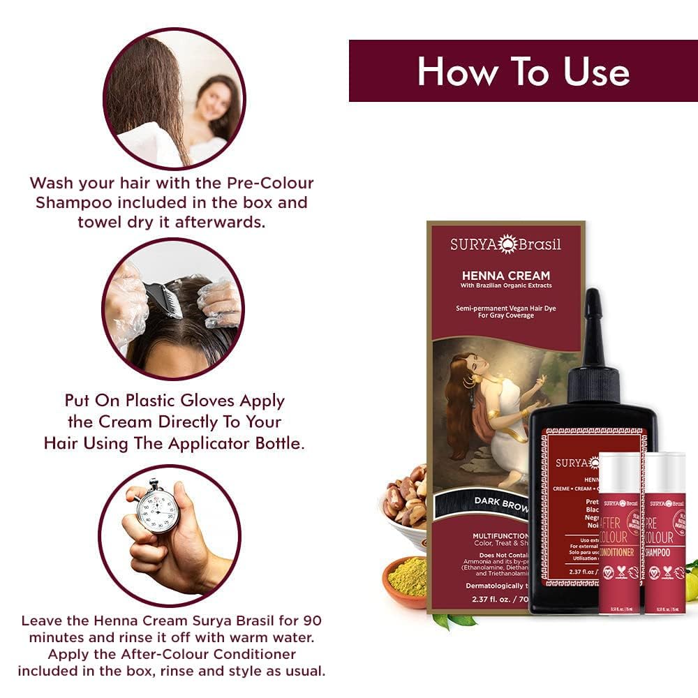 Surya Brasil Henna Cream Noire – avant/après révèle une couleur naturelle.