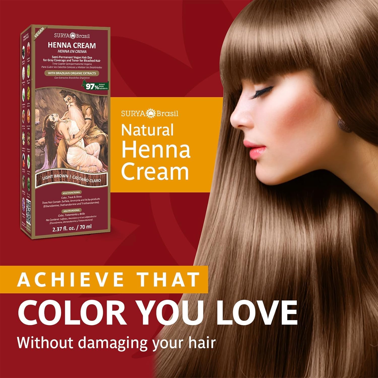 Cheveux gris recouverts partiellement avec Crème henné brun clair Surya Brasil