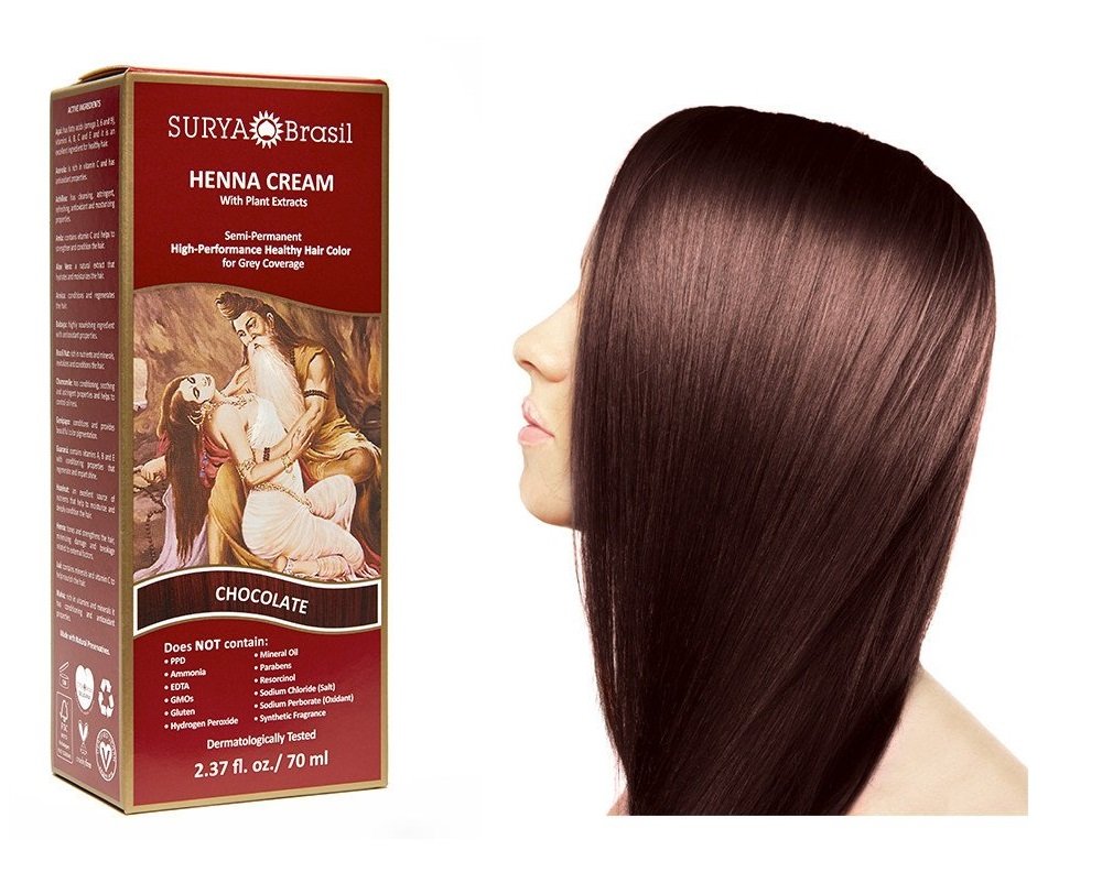Surya Henna Crème Chocolat: flacon prêt à l'application et couleur naturelle.