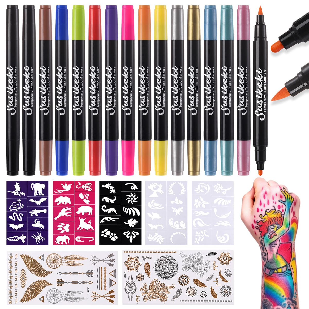 SUSIKEKI marqueurs tatouage temporaires double-face pour dessin rapide sur peau.