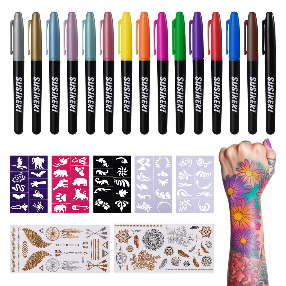 Kit SUSIKEKI Stylo tatouage temporaire – ensemble complet pour motifs sur la peau.