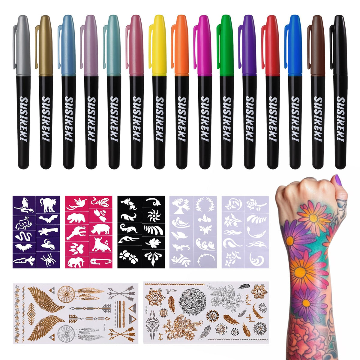 Kit SUSIKEKI Stylo tatouage temporaire – ensemble complet pour motifs sur la peau.