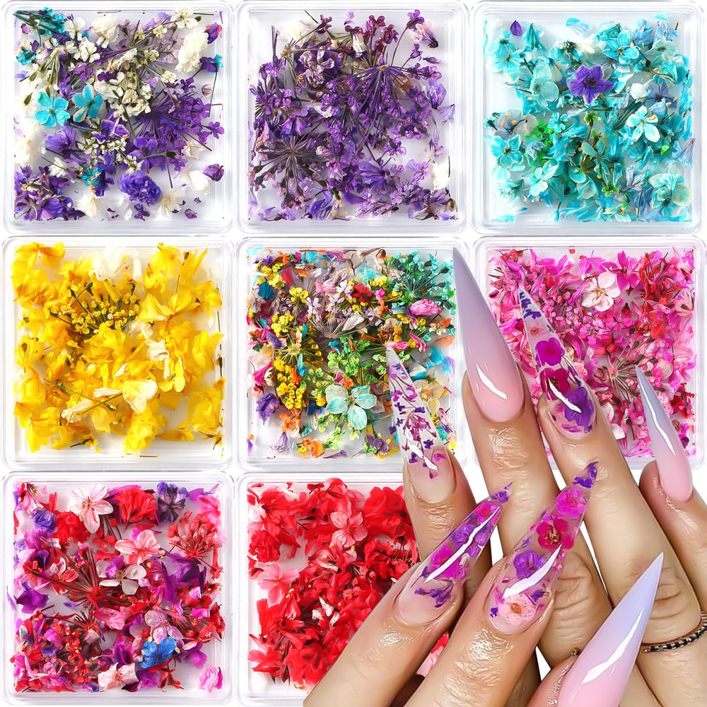 SUTOZMIWE: 8 boîtes de fleurs sèches pour décor d'ongles colorés.