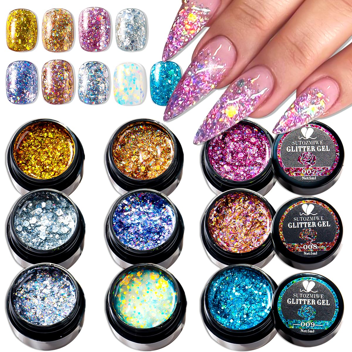 SUTOZMIWE Gel paillettes - ensemble 9 couleurs pour ongles étincelants à domicile.