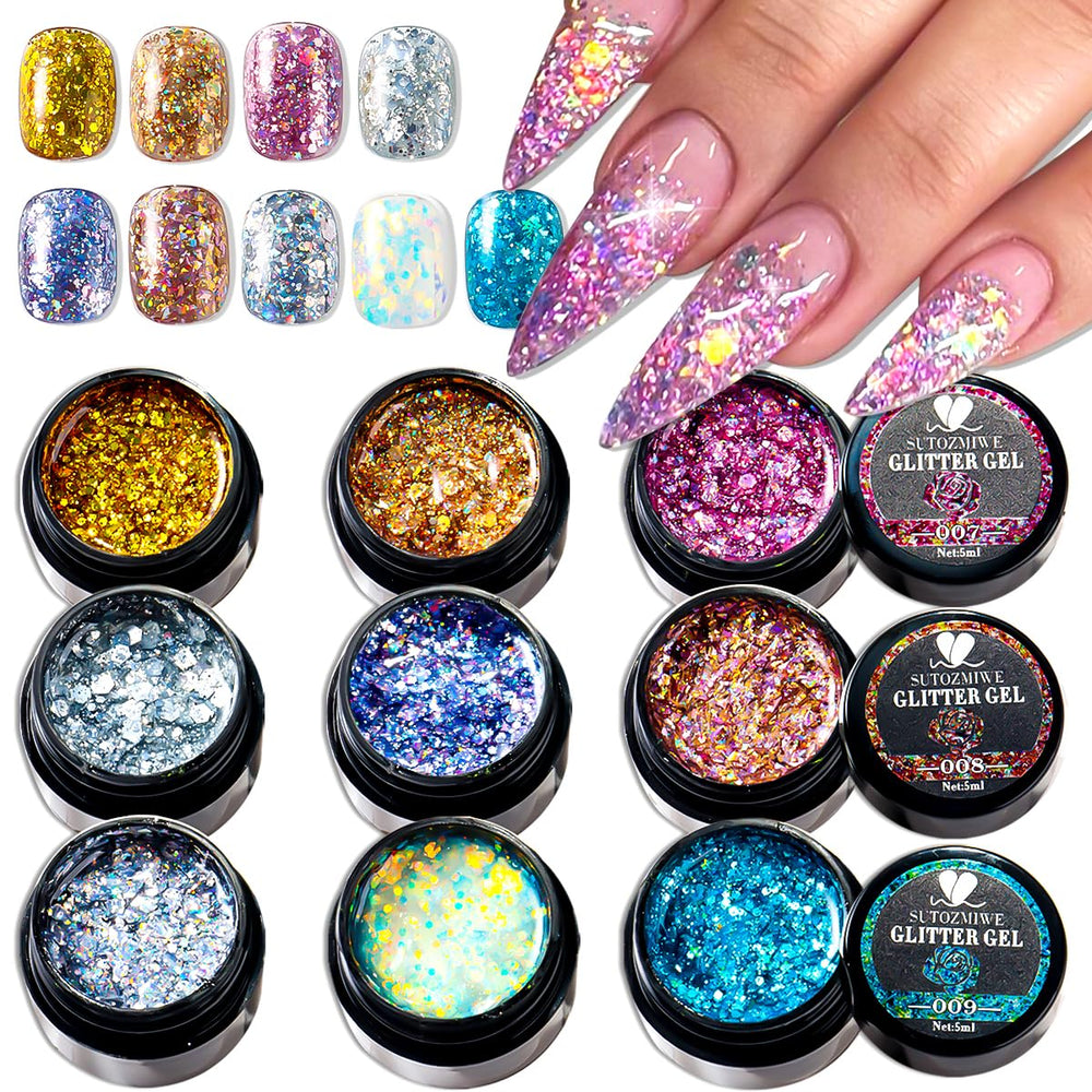 SUTOZMIWE Gel paillettes - ensemble 9 couleurs pour ongles étincelants à domicile.