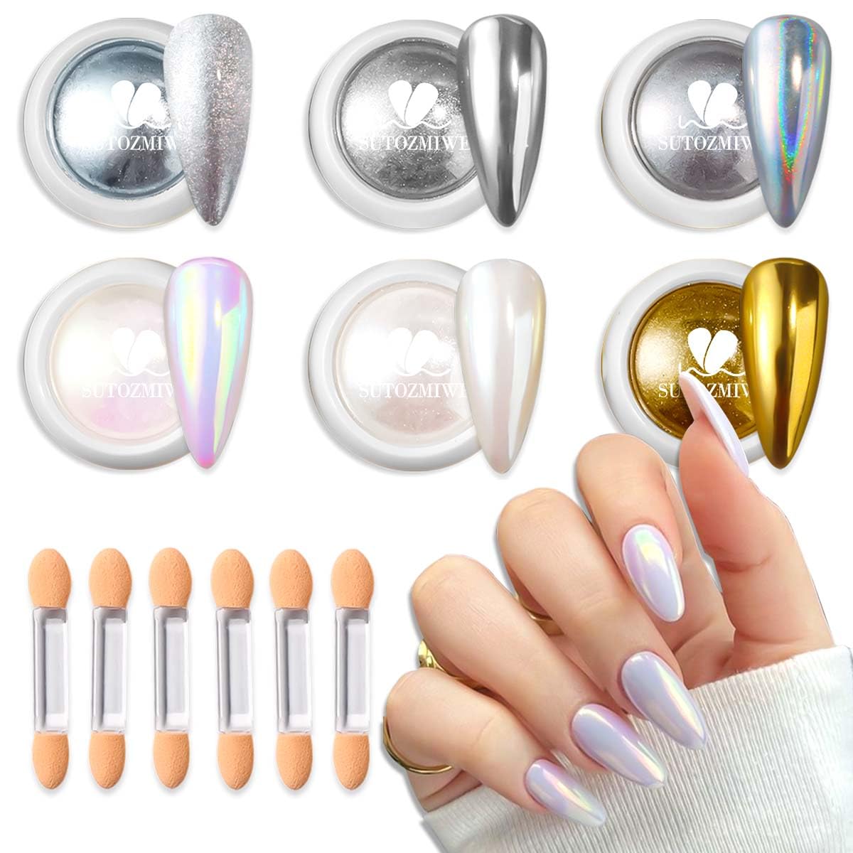 SUTOZMIWE poudre chrome or, effet miroir sur ongles.