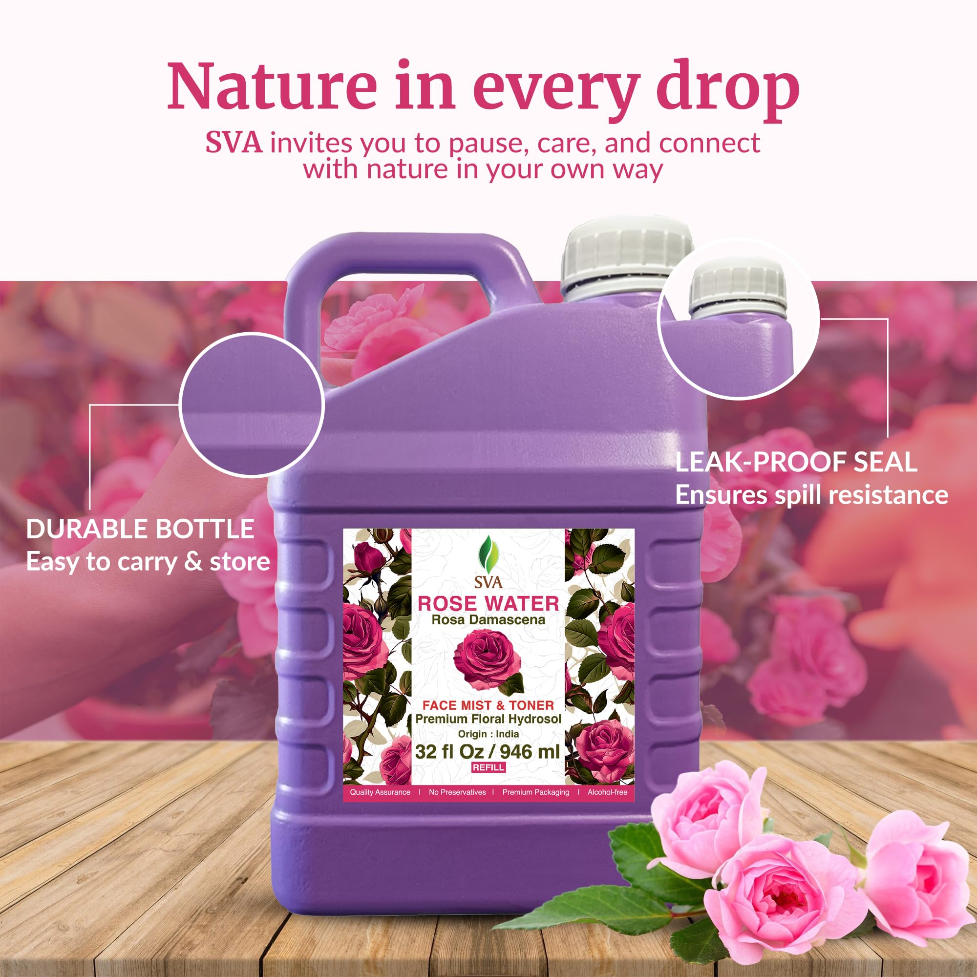 Eau de rose SVA contenance-946ml: format généreux pour toute la maison.
