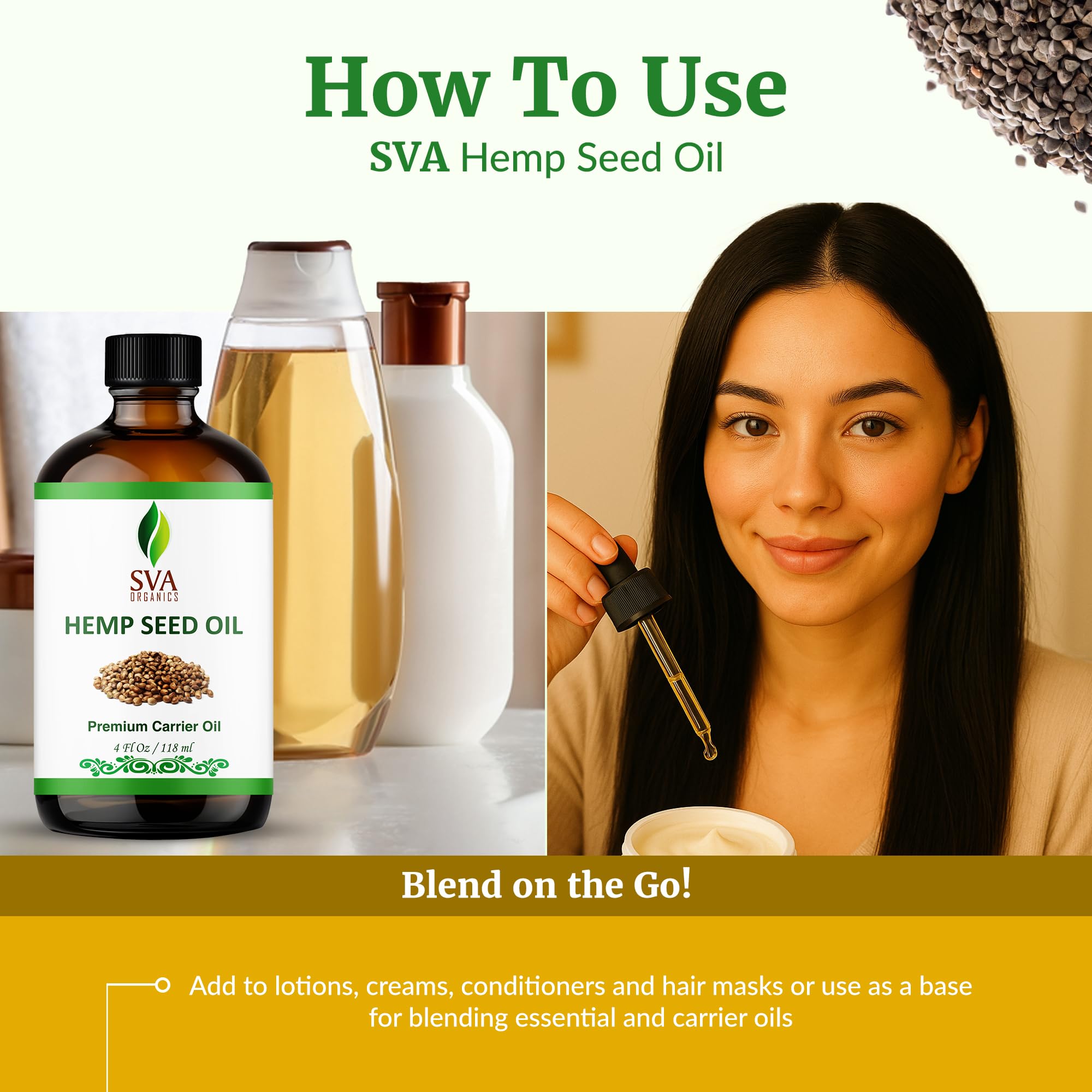 Utilisation de l'huile de chanvre en complément du shampoing pour nourrir les cheveux.