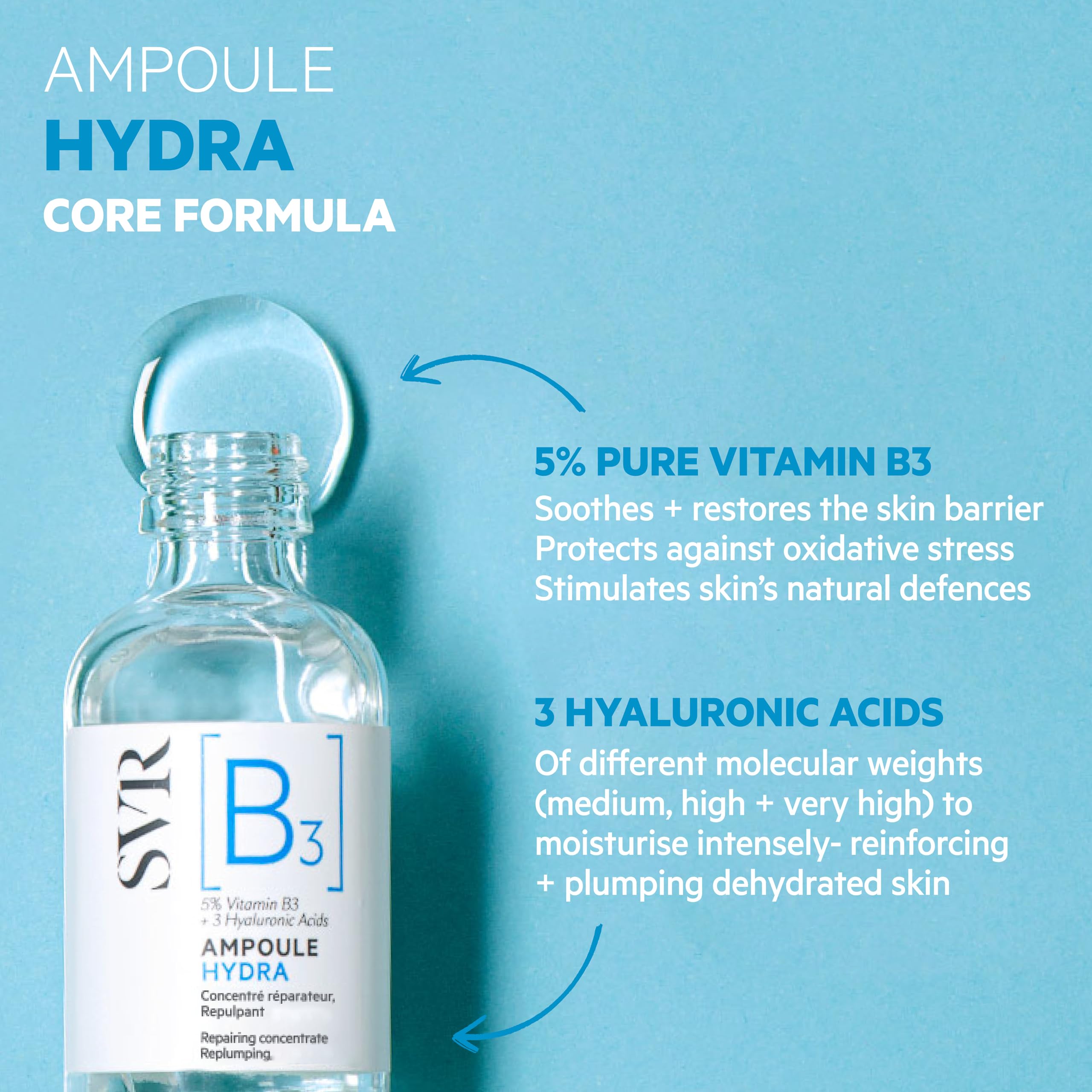 Sérum SVR B3, triple acide hyaluronique pour peau repulpée.