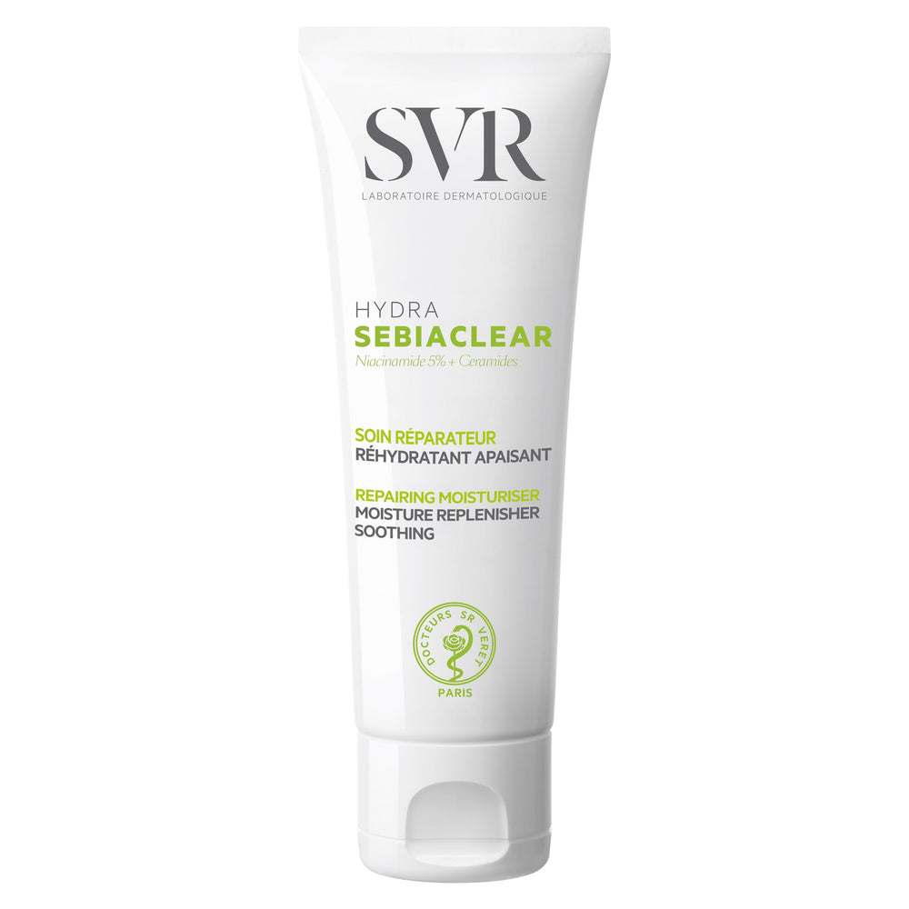 SVR Sebiaclear Hydra — flacon-pompe crème visage, apaisante et hydratante pour peau sensible acnéique.