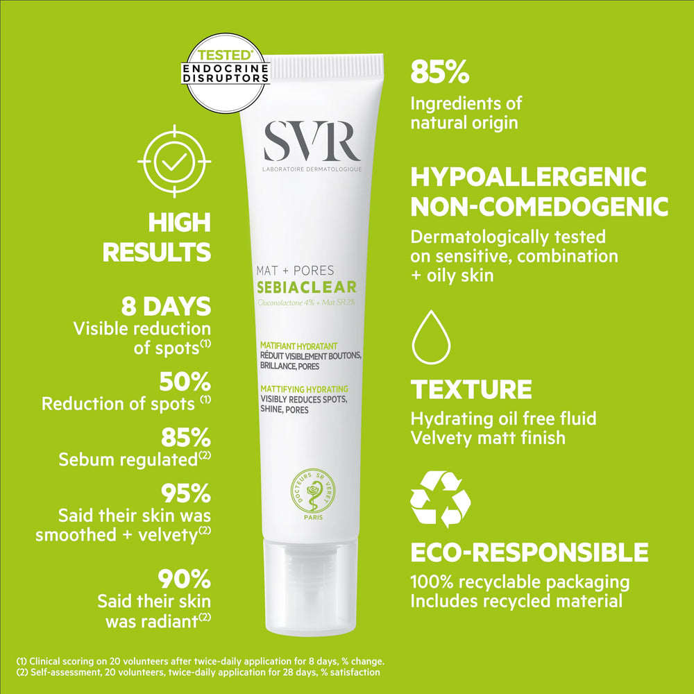 SVR Sebiaclear Mat+Pores – peau régulée et pores resserrés par une formule légère.
