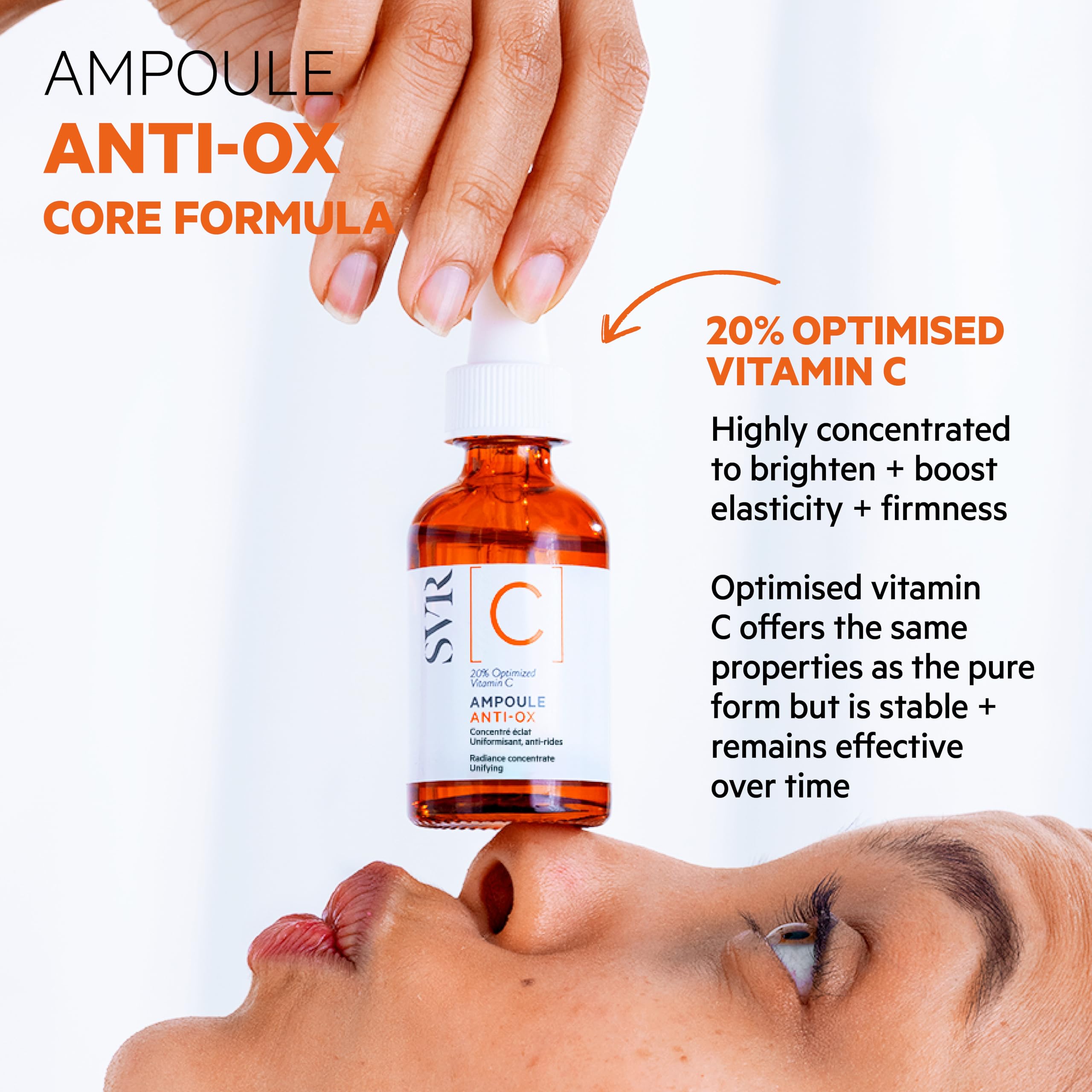 SVR Sérum vitamine C 20% peau lumineuse après application.