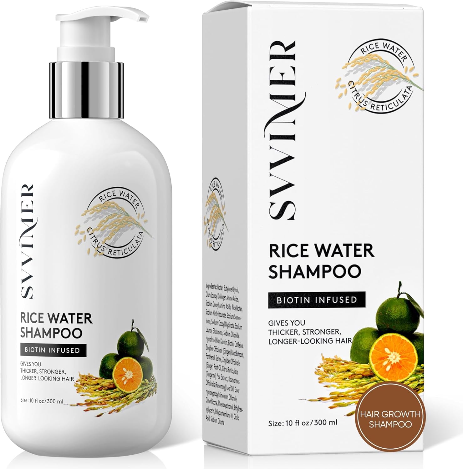 Svvimer Rice Water Shampoo bottle highlights gentle, sulfate-free formula for all hair types.