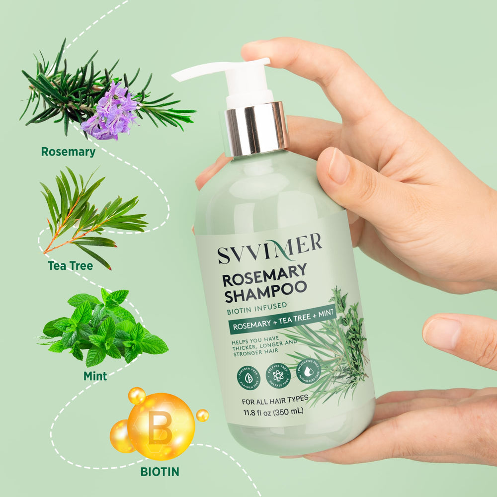 Biotine et huile d'arbre à thé dans le Shampoing Romarin pour renforcer les cheveux.