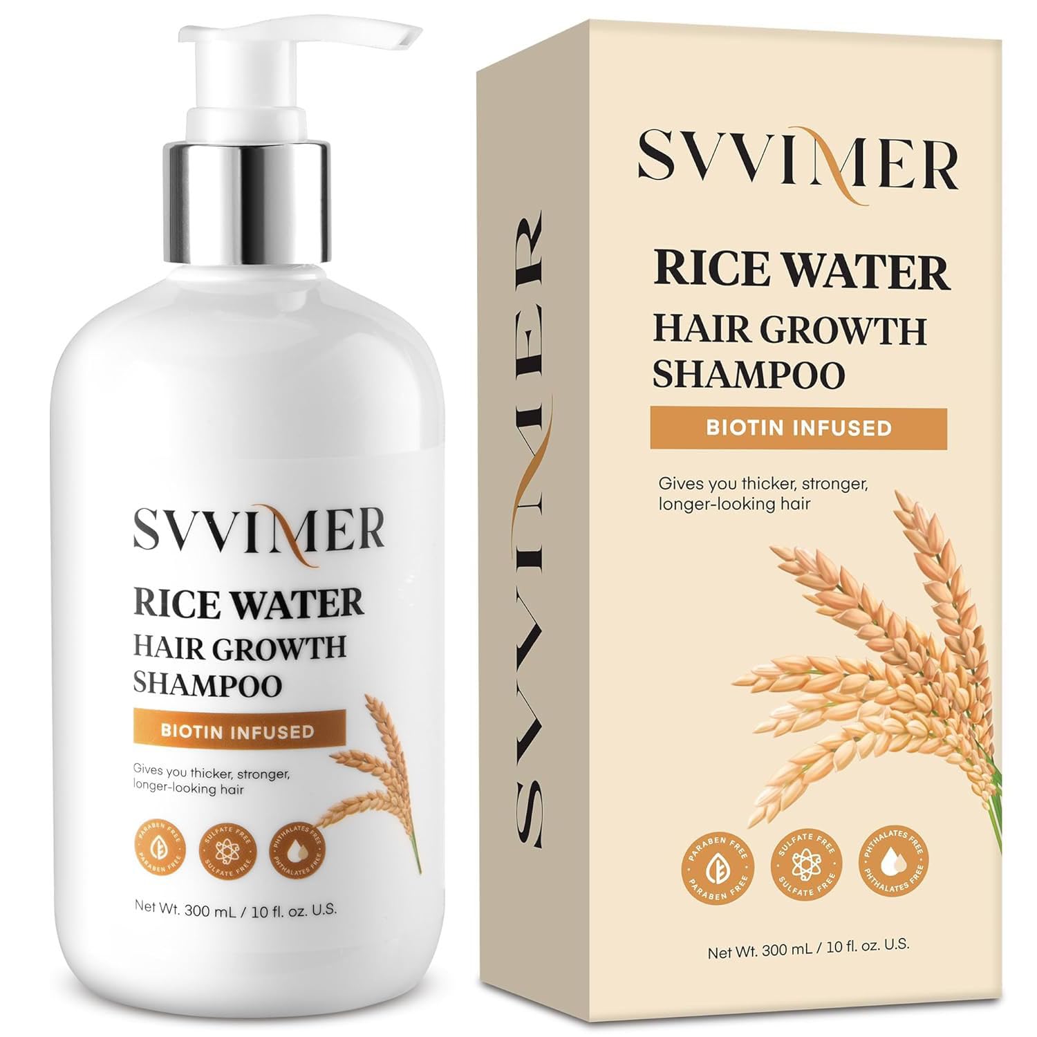 Shampoing Svvimer eau de riz en flacon, pour cheveux plus épais.