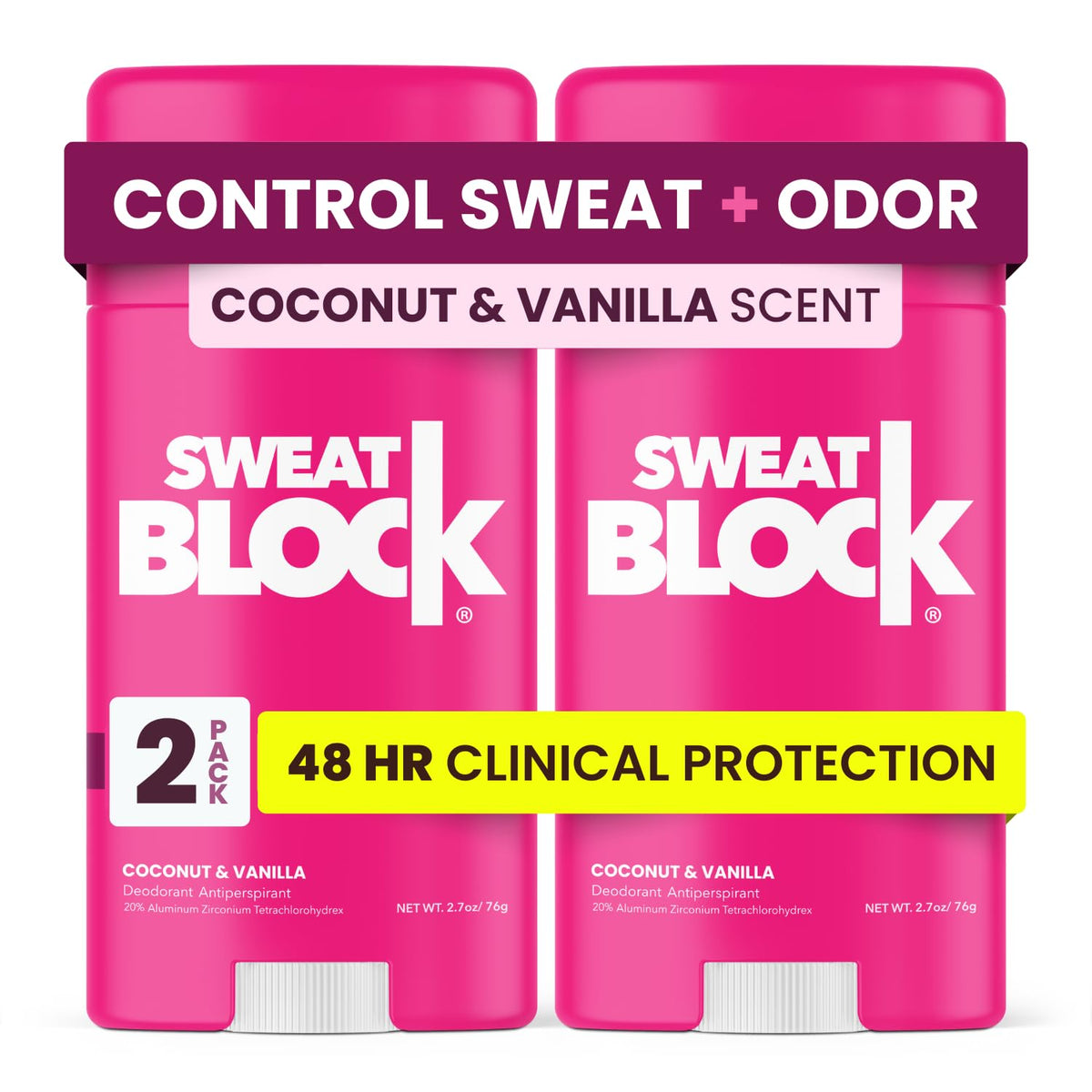 SweatBlock déodorant coco-vanille en bouteille, longue tenue et fraîcheur.