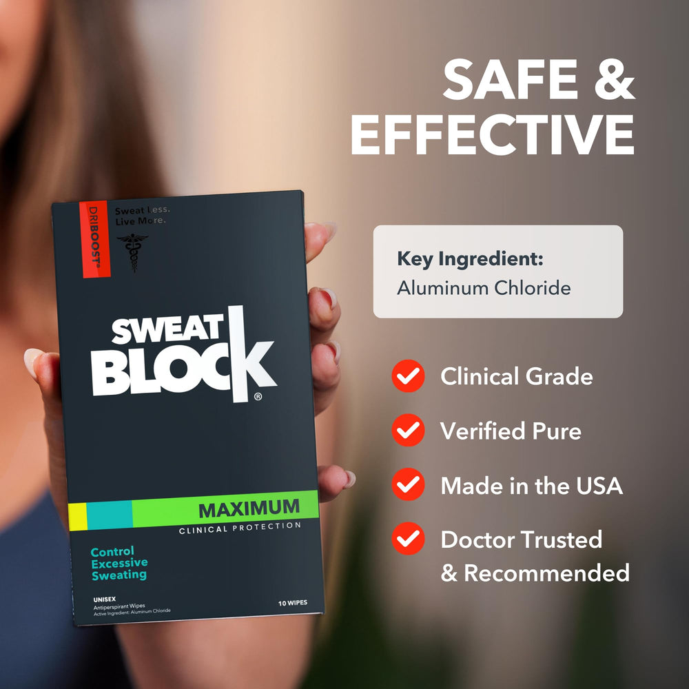 Etiquettes SweatBlock indiquent des ingredients propres et une fabrication americaine