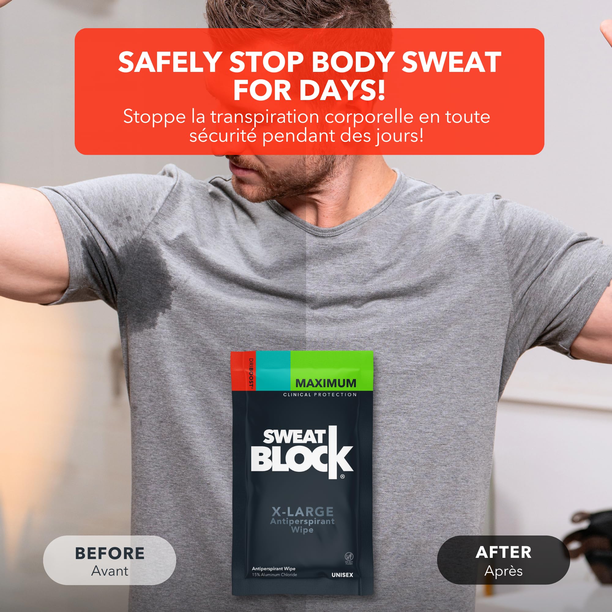 SweatBlock lingettes dos: réduction de l'humidité dans le vêtement