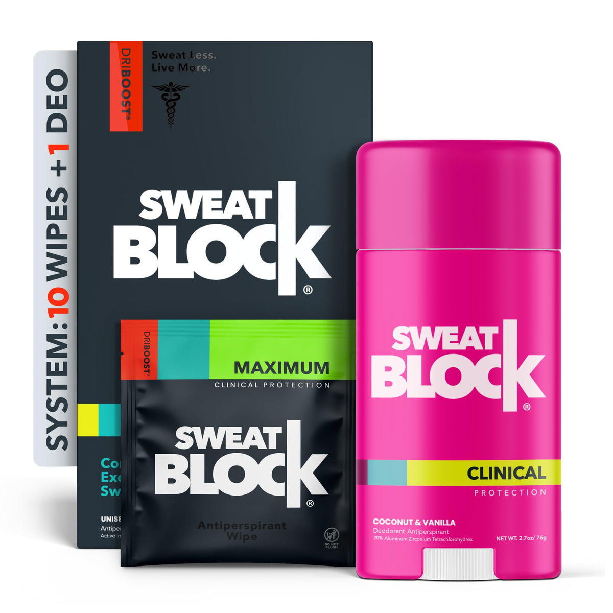 Lingettes SweatBlock nocturnes bloquant la transpiration jusqu’à 7 jours.