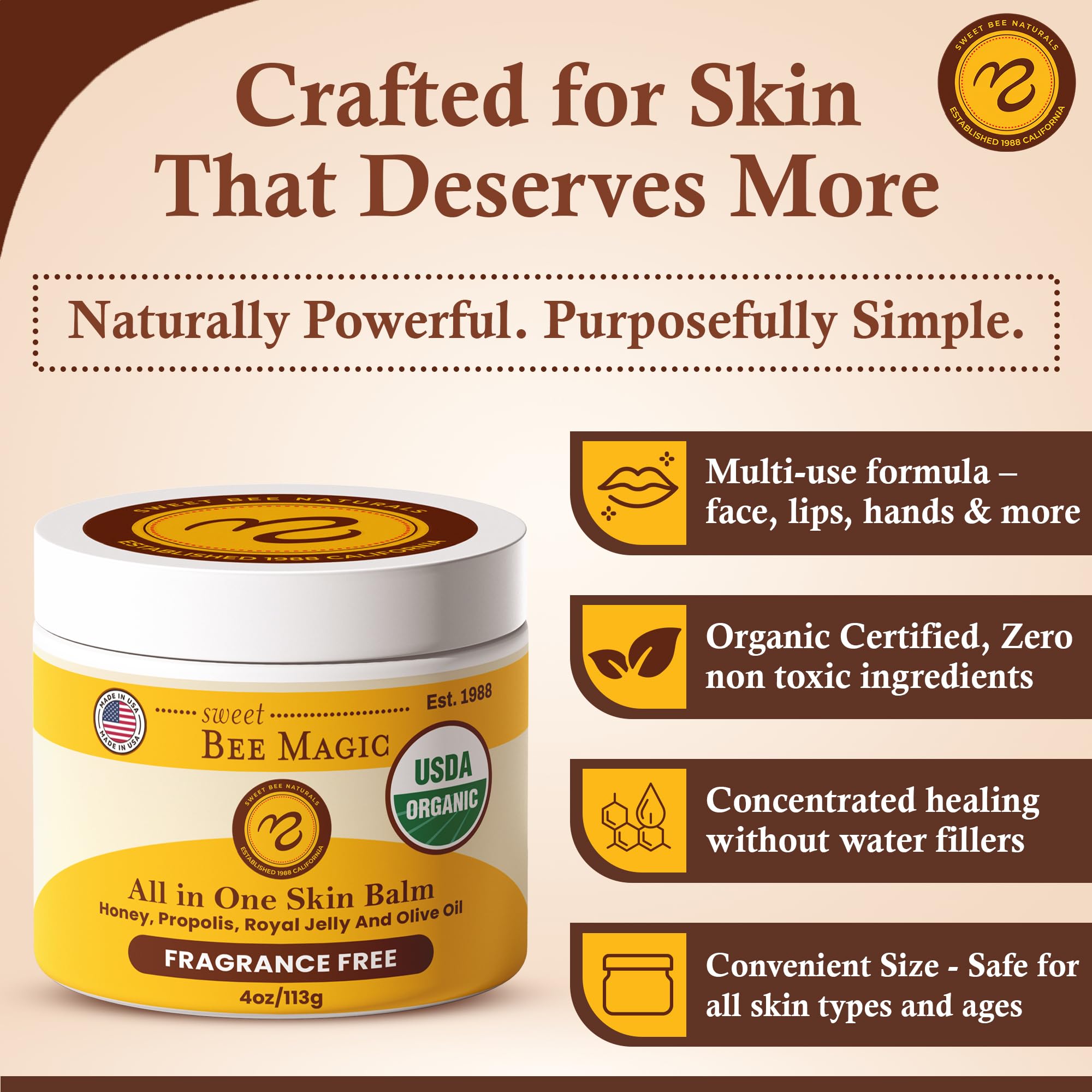 Sweet Bee Naturals montre l'application visage et corps avec texture crème légère.