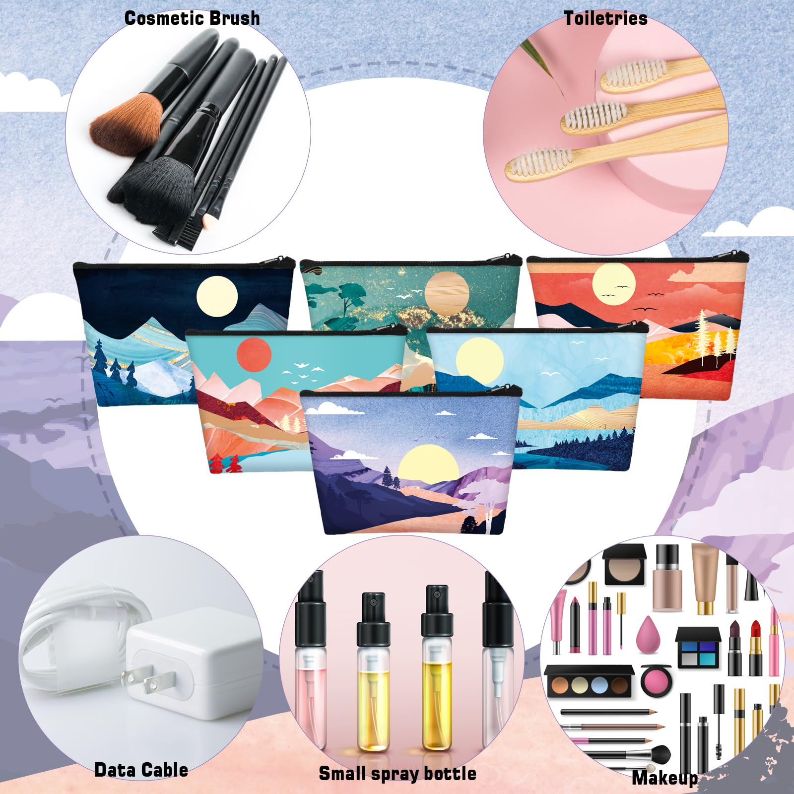 Sweetude pochette-design-paysage: motif montagnes et lacs, idéal comme trousse beauté.