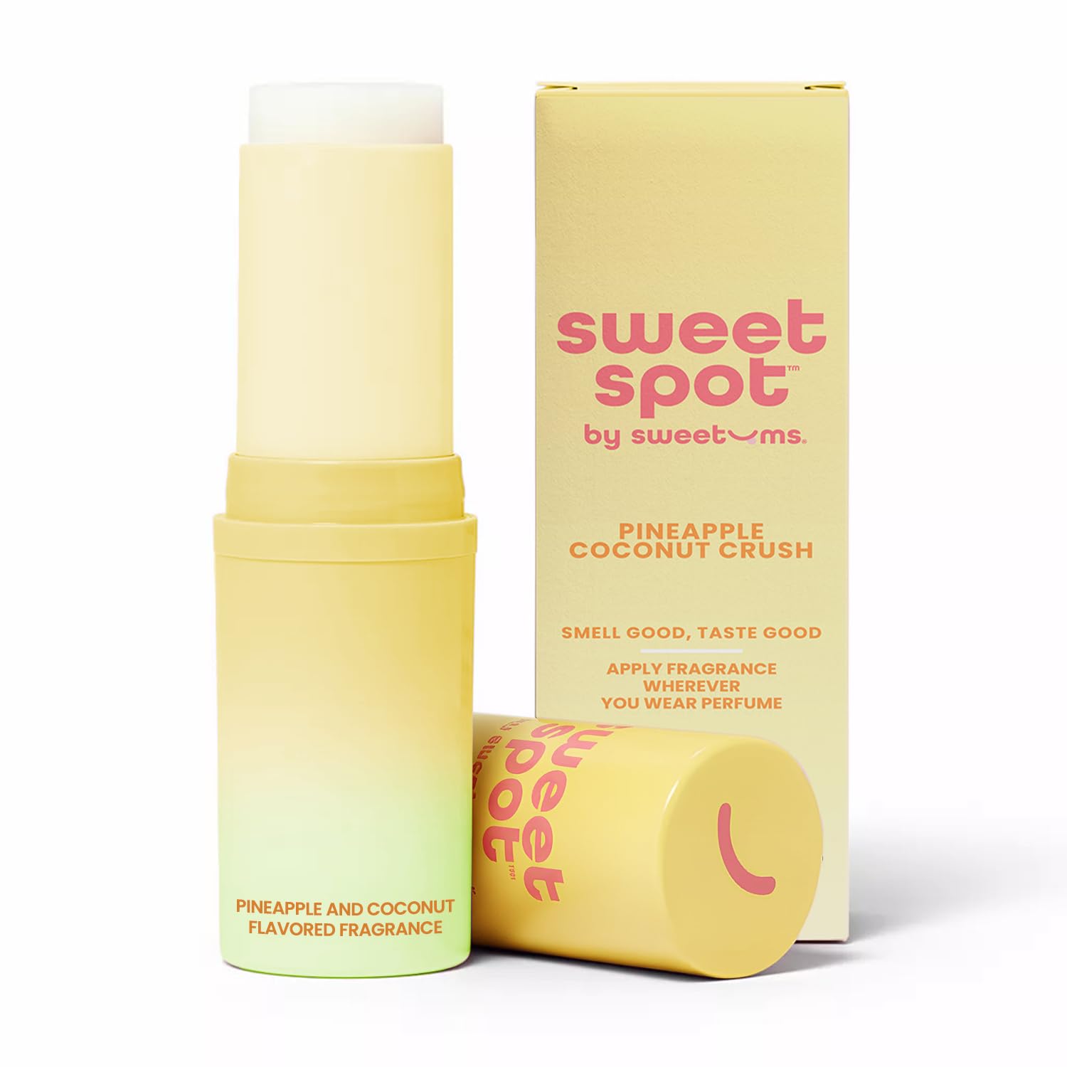 Sweetums SweetSpot solid perfume bottle shows pineapple coconut fragrance for travel-friendly use.