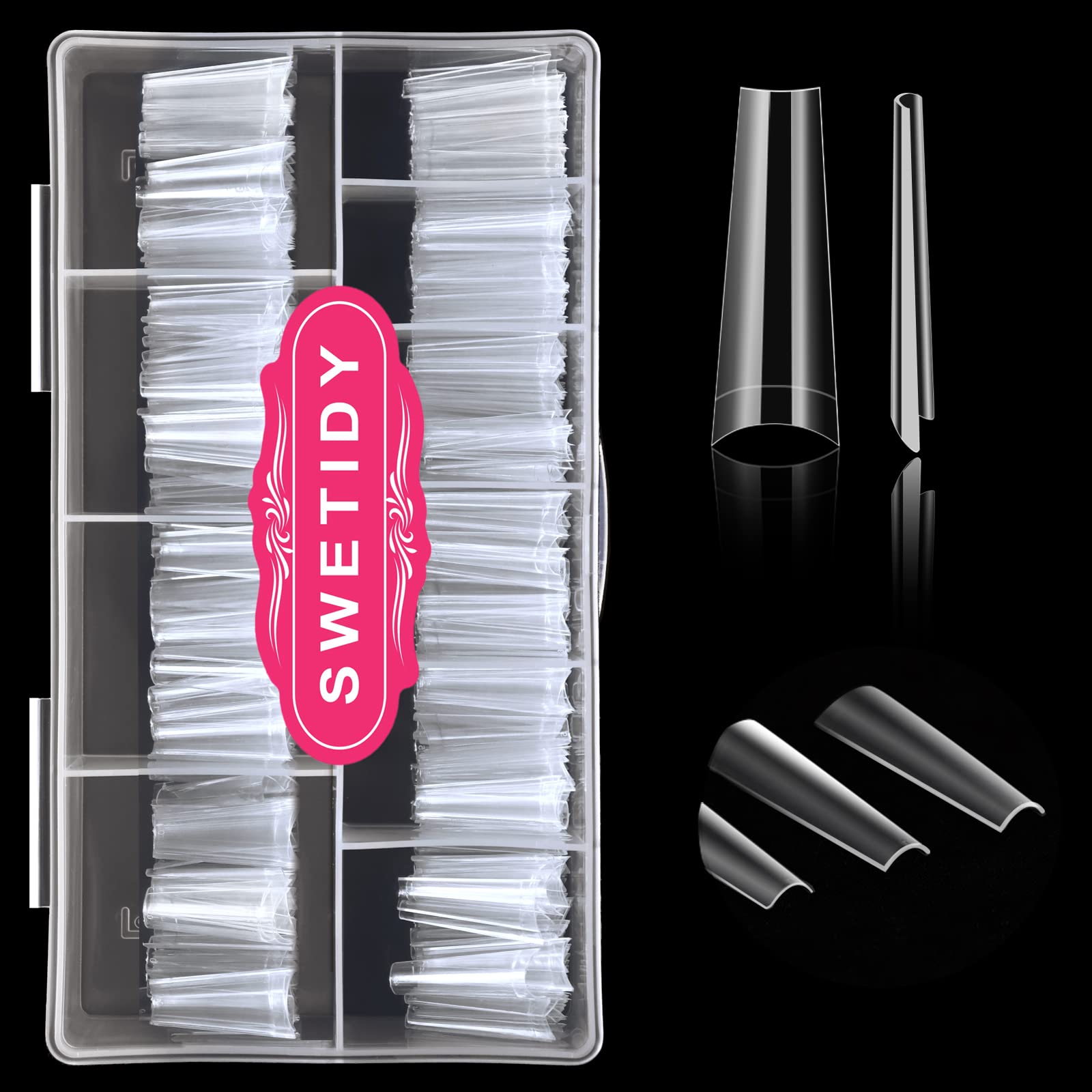 SWETIDY 500 pièces ongles en forme cercueil sans courbe en C dans boîte pratique salon et bricolage.