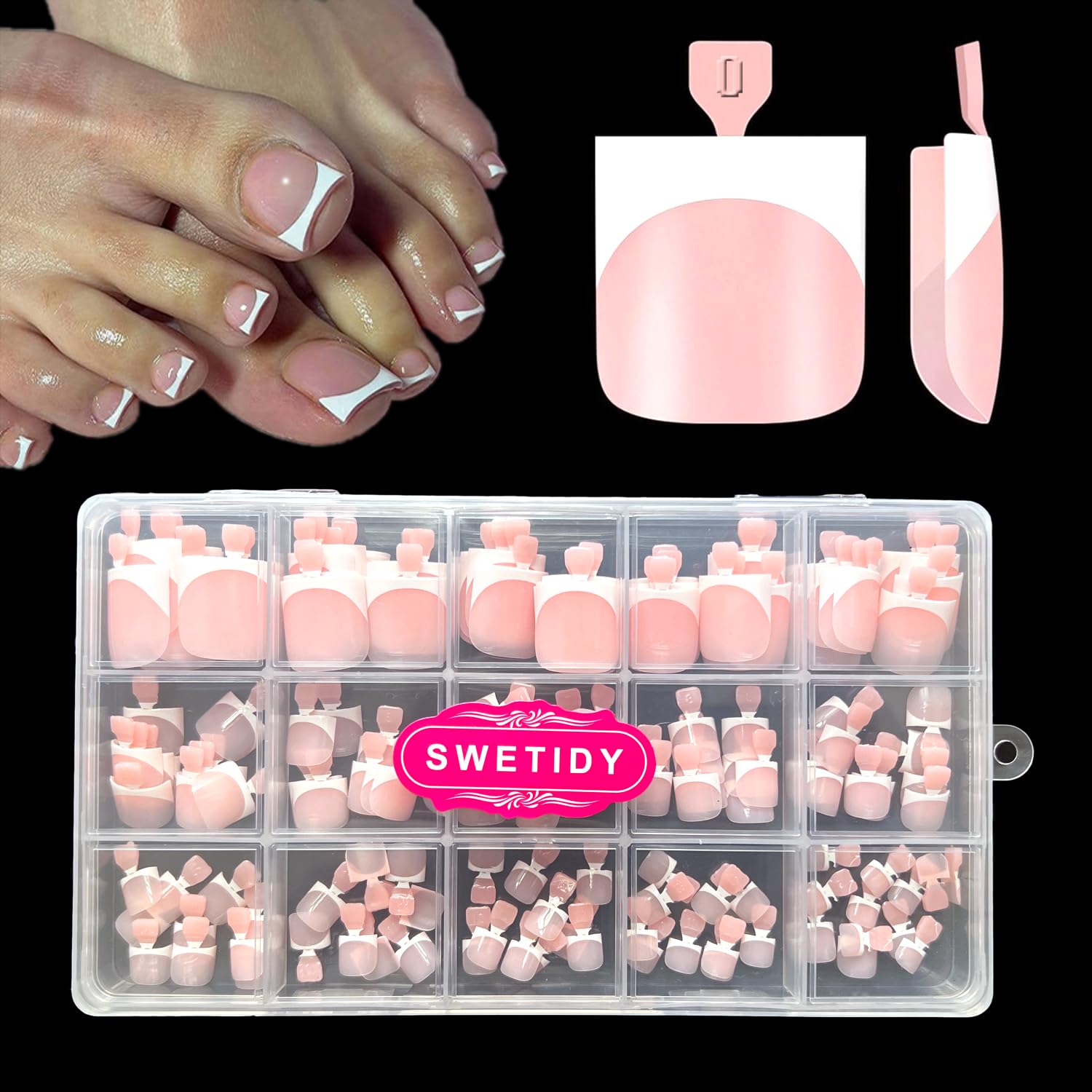 SWETIDY ongles adhésifs pour orteils, court et rose bébé, pose rapide.
