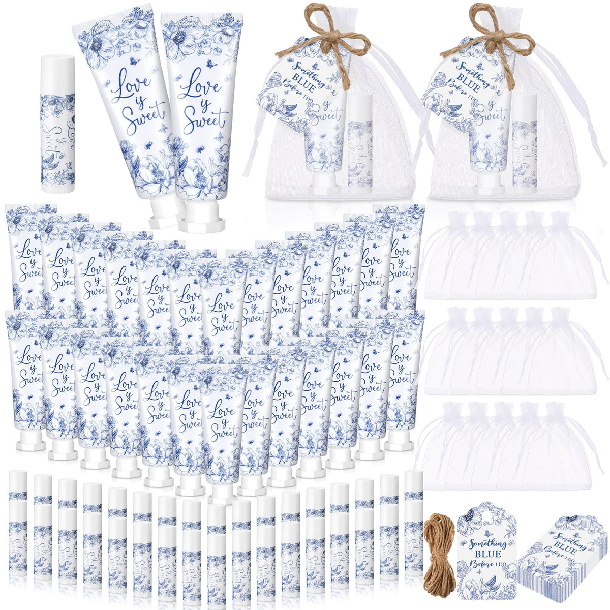 Swiffen coffret crème mains et baume lèvres bleu fleurs, cadeau élégant pour invités.
