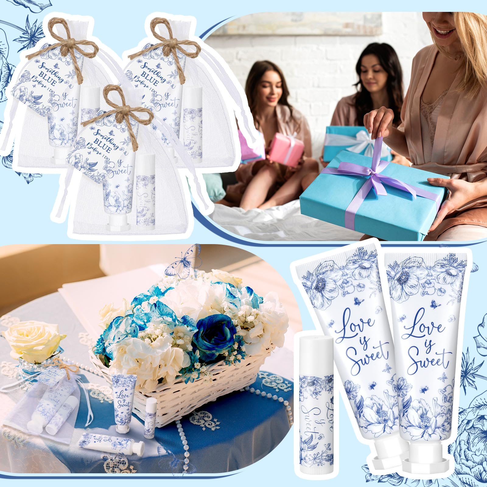 Swiffen emballage bleu avec fleurs, design élégant pour mariage.