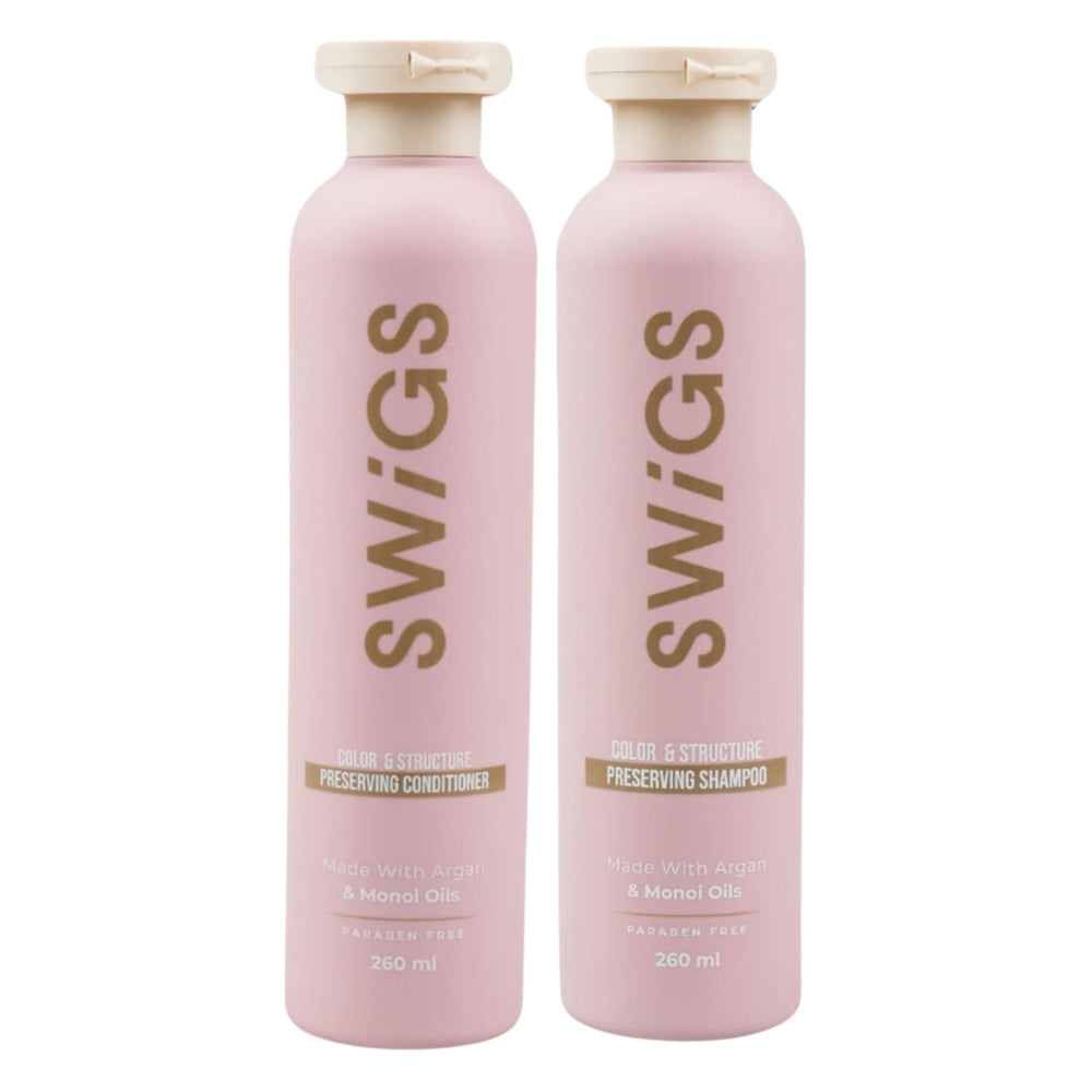 Shampooing SWIGS pour perruque, flacon élégant, nettoie en douceur et protège la couleur.