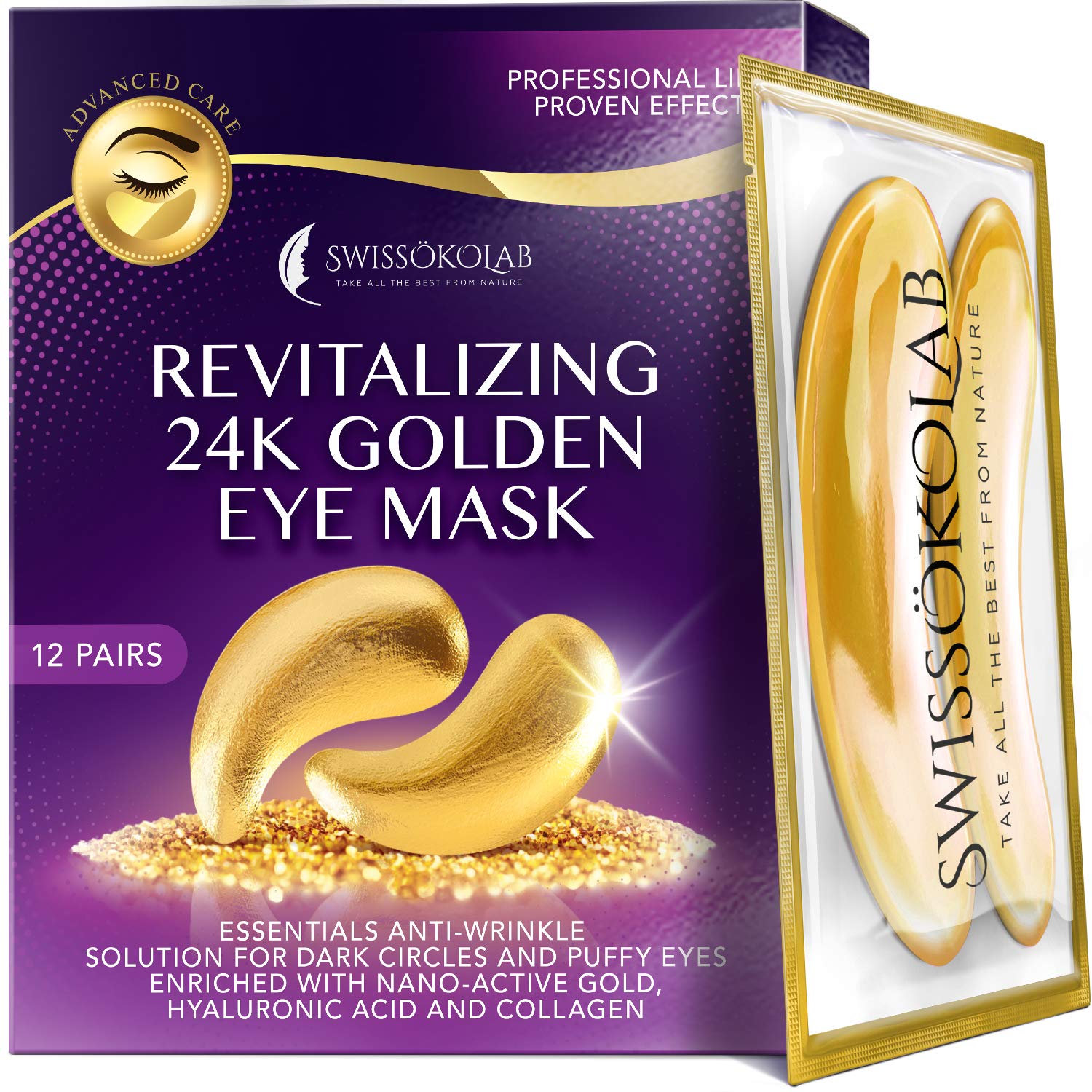 SWISSÖKOLAB 24k gold under-eye patches soothe puffiness and hydrate.
