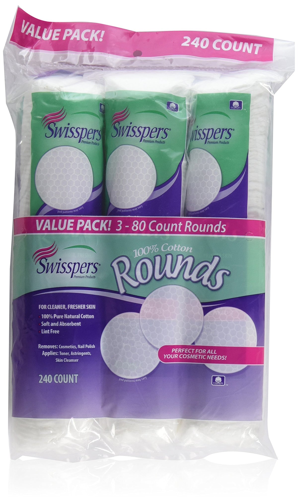 Ronds de coton Swisspers 100 % coton, douceur et absorption pour démaquillage.