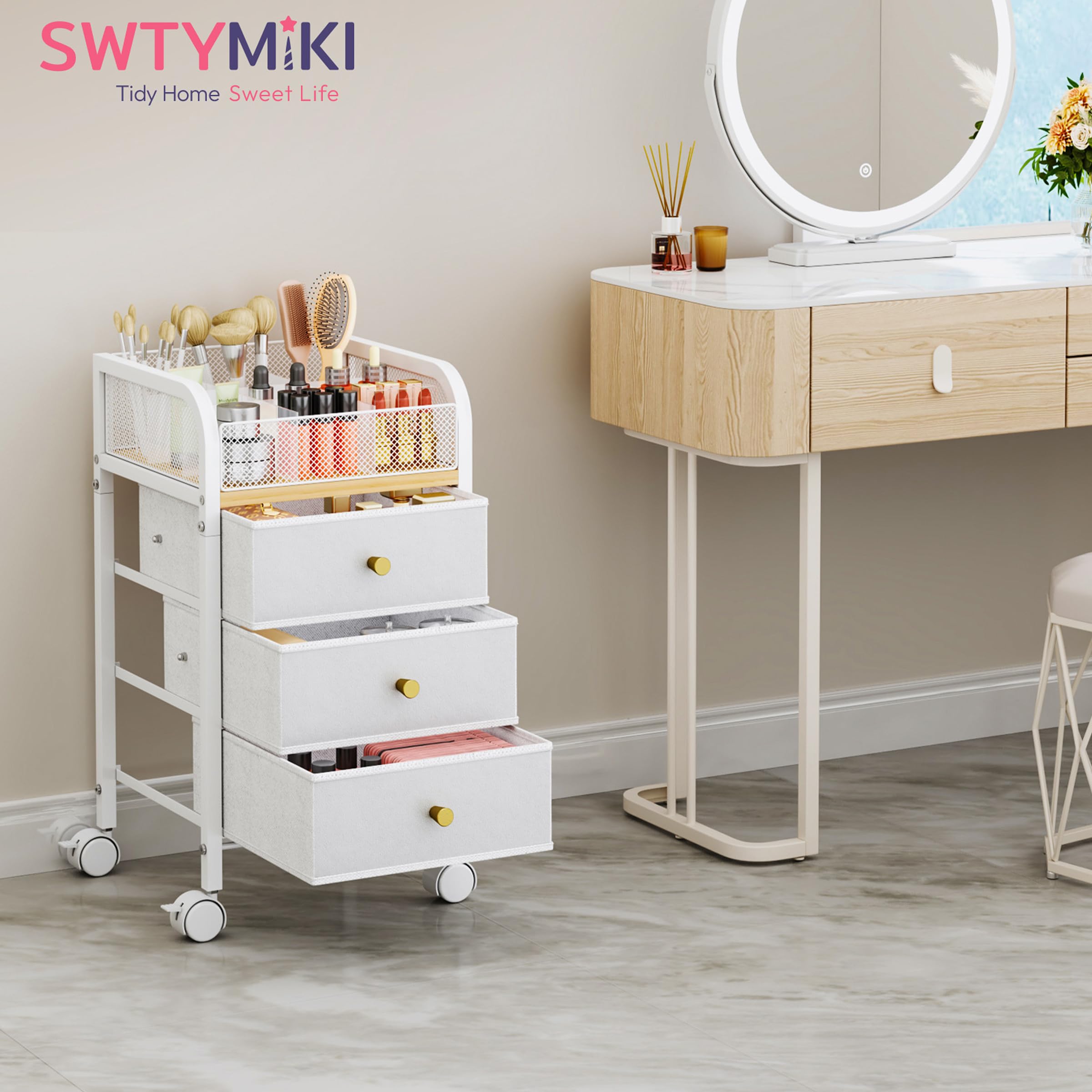 SWTYMIKI roues 360° - déplacement fluide entre salle de bain et chambre.